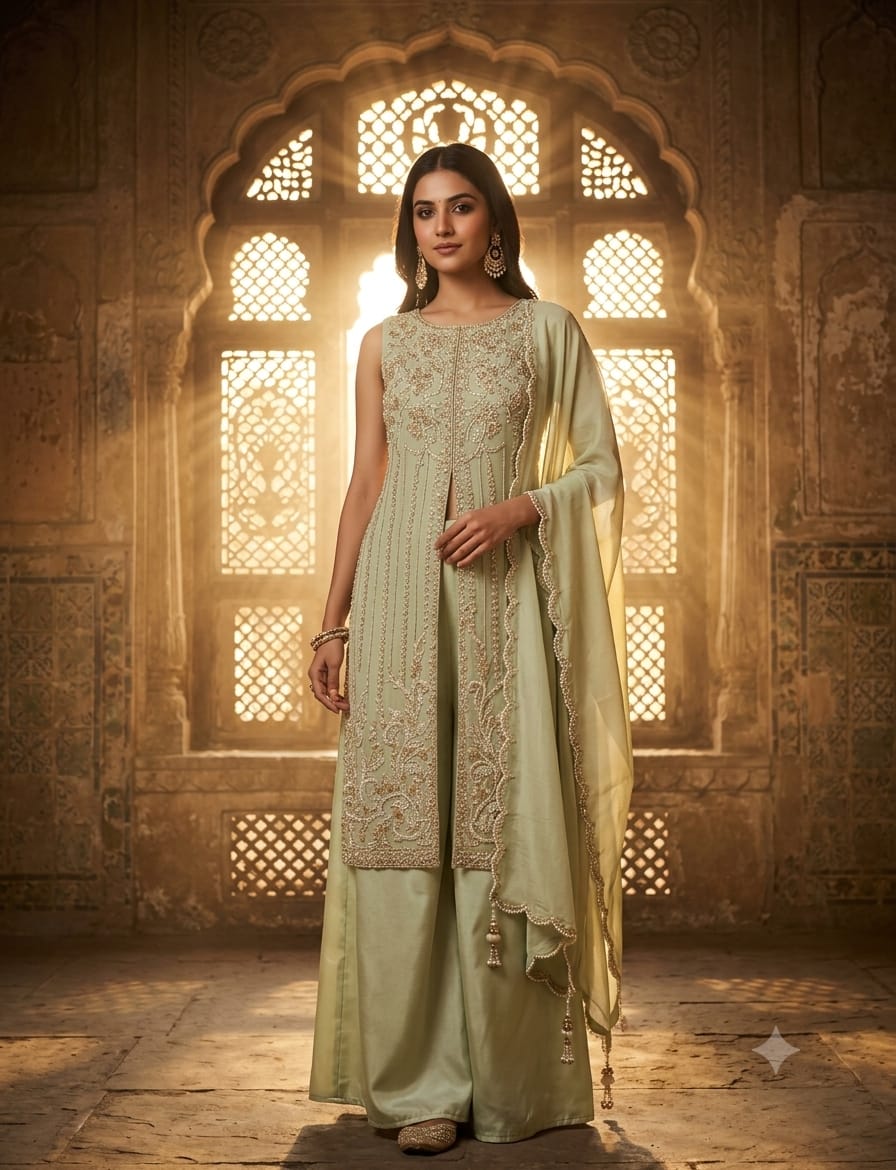 Ivory Gold Sequined Front-Slit Sharara Suit Set