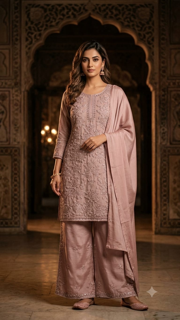 Blush Pink Heavily Embroidered Kurta & Palazzo Suit Set