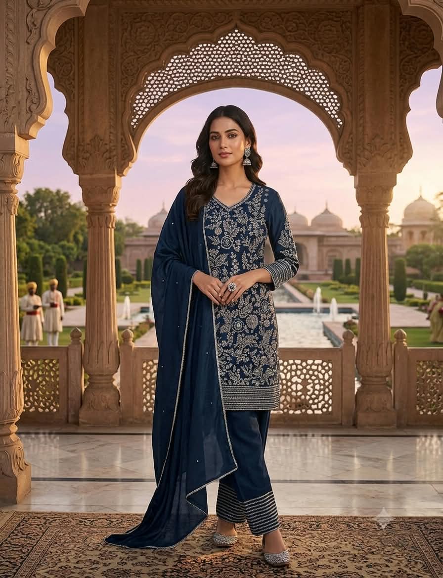 Midnight Navy Blue Embroidered Straight Kurta & Pants Set