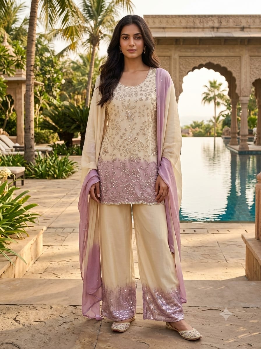 Ombre Lavender & Cream Sequined Palazzo Suit Set