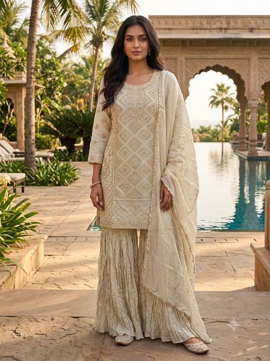 Ivory Cream Embroidered Georgette Gharara Suit Set