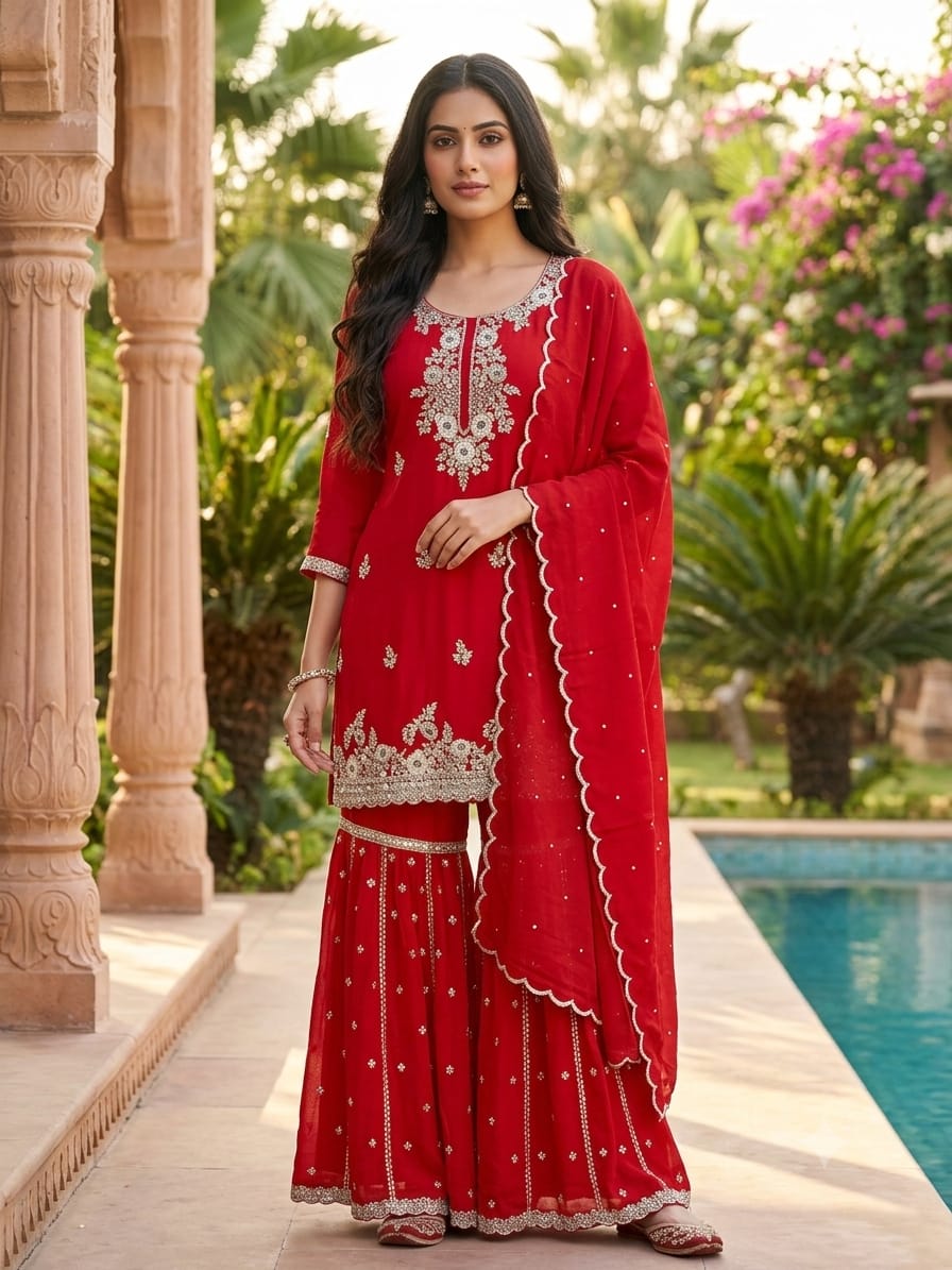 Crimson Red Embroidered Georgette Gharara Suit Set