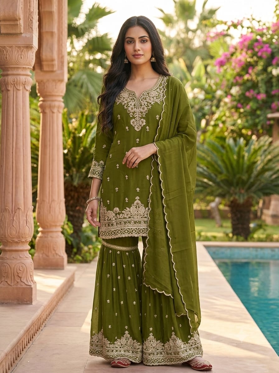 Olive Green Embroidered Georgette Gharara Suit Set