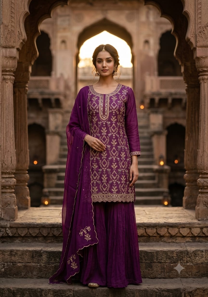 Magenta Purple Heavily Embroidered Palazzo Suit Set.