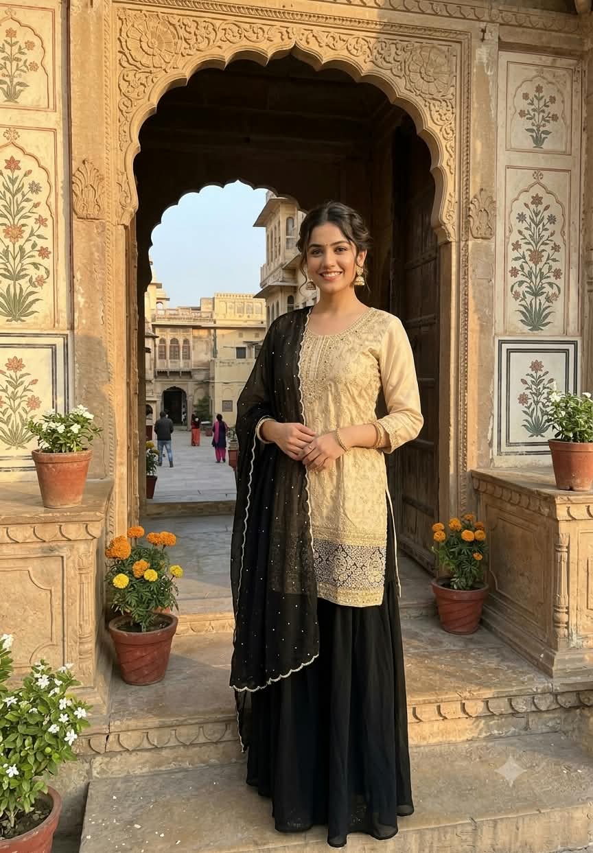 Ivory & Jet Black Contrast Heavily Embroidered Sharara Suit Set