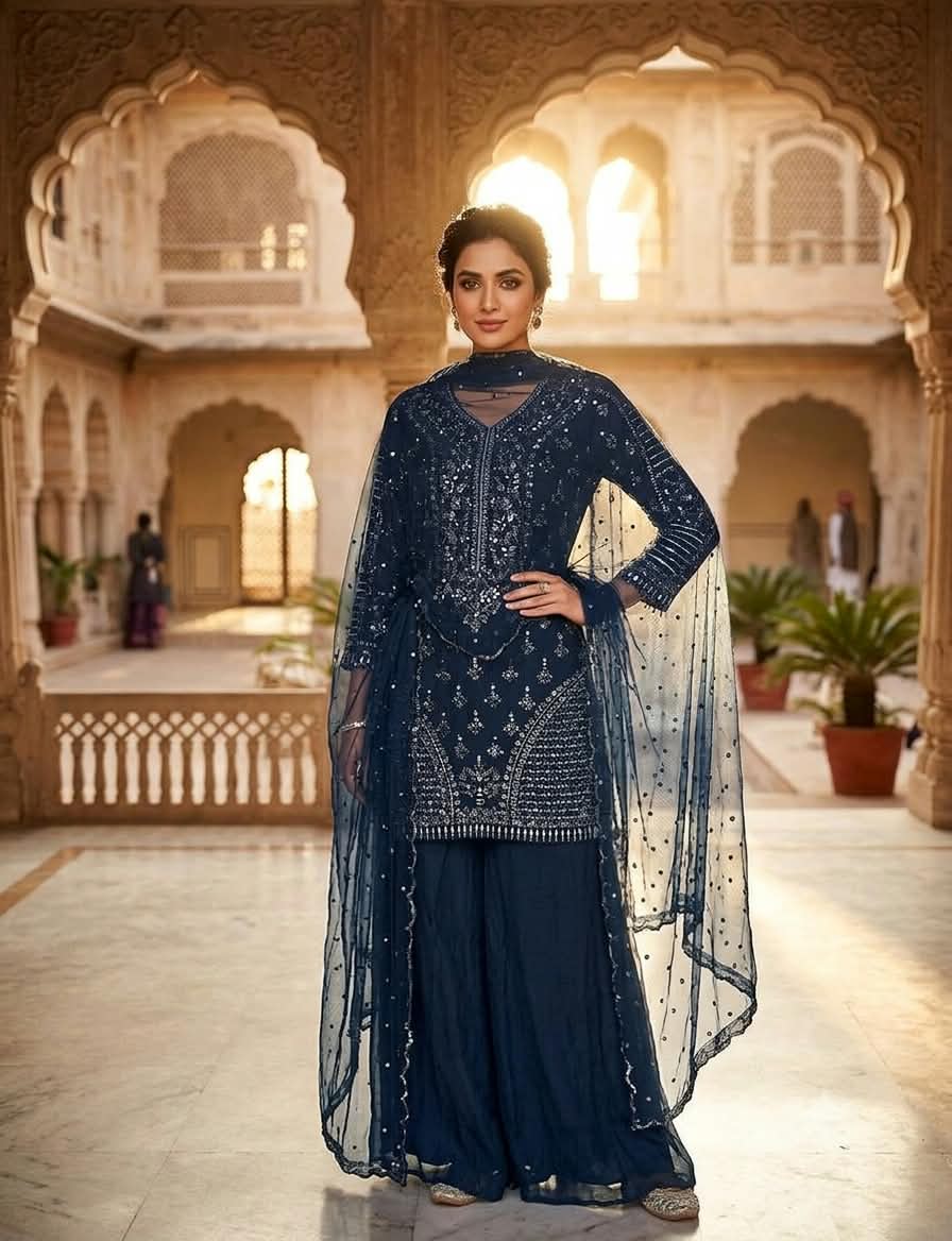 Midnight Navy Blue Sequined Palazzo Suit Set