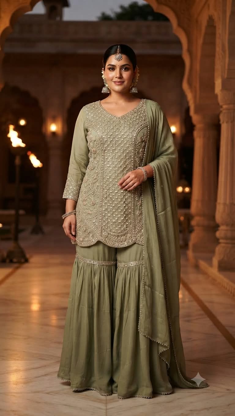 Sage Green Gharara Embellished Set Perfect for weddings, mehendi ceremonies, Eid, and festive partie.