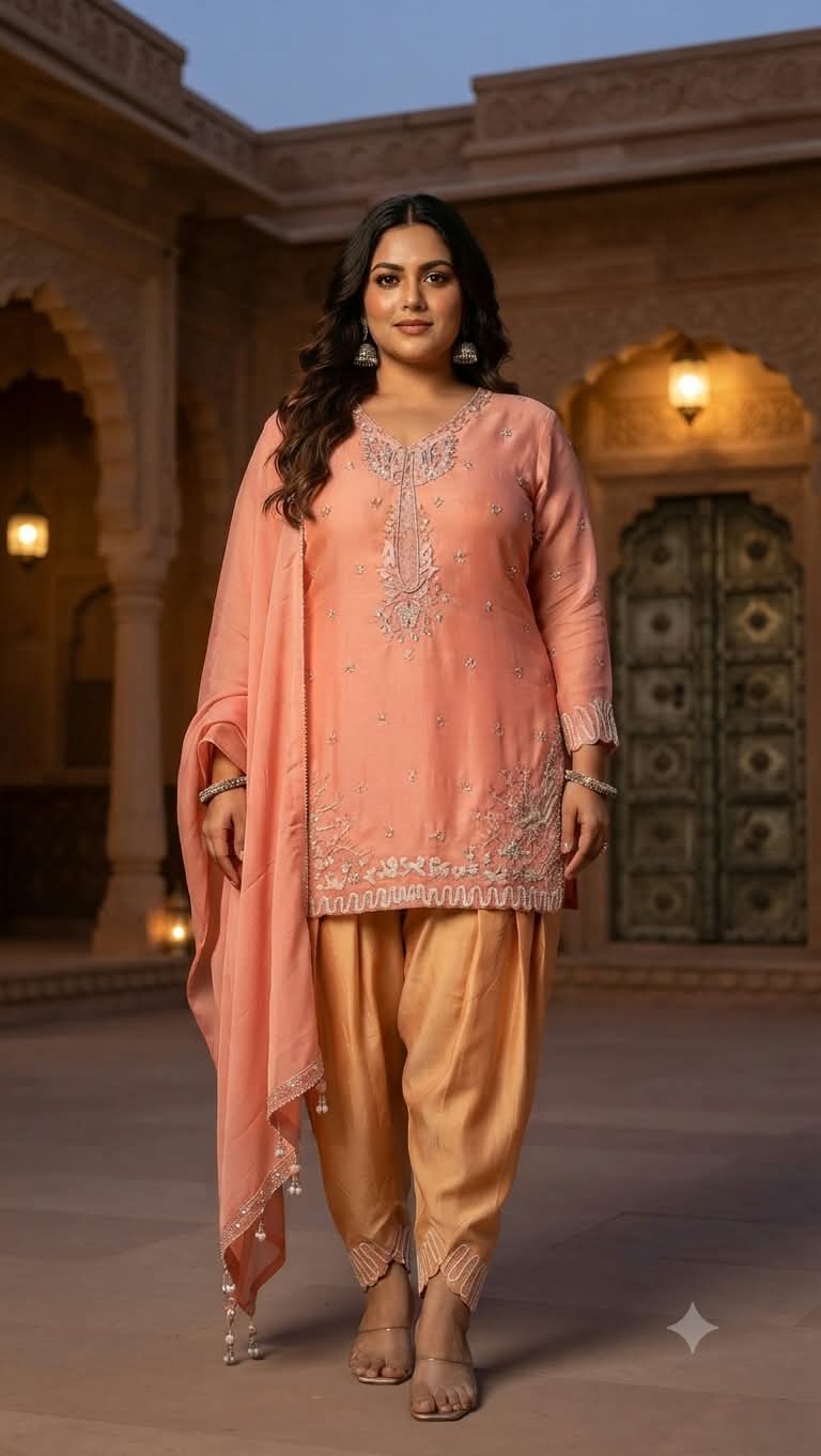 Elevate your festive wardrobe with our stunning Peach Orange and Champagne Salwar Suit Set. Ideal for festivals, family gatherings, and pre-wedding events.