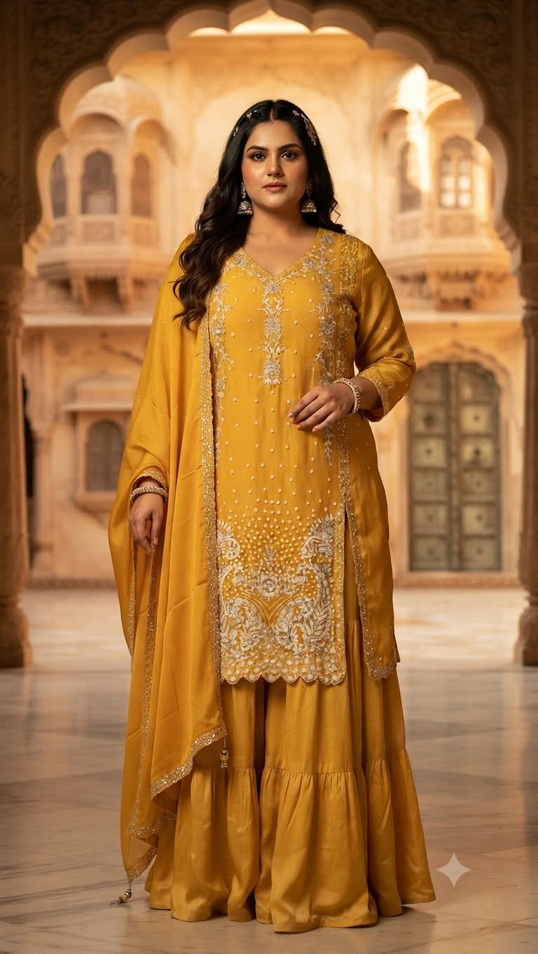 Radiate timeless luxury in our vibrant Sun Flower Yellow Heavily Hand Work Gharara Set.