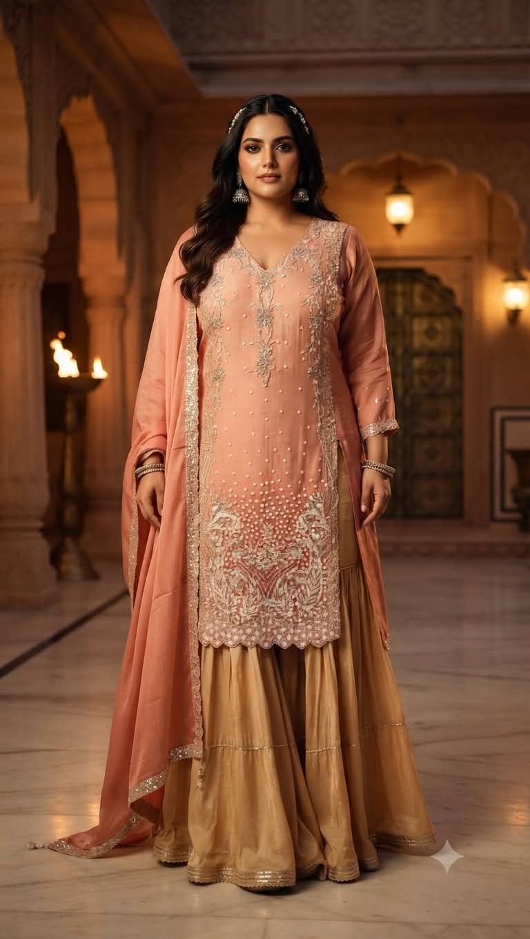 Peach & Coral Ombré Palazzo Set. Haldi and Mehendi functions Sangeet nights and reception parties Festive celebrations like Diwali and Eid
