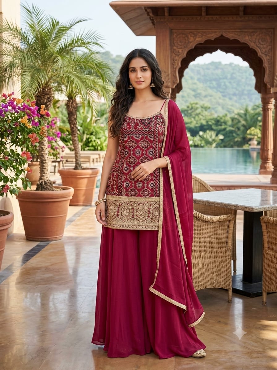 Deep Wine Geometrical Printed & Embroidered Palazzo Set.