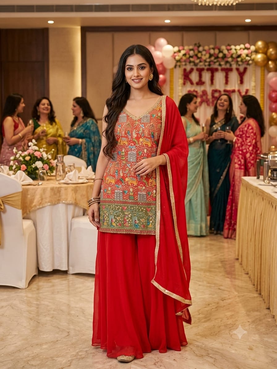 Crimson Red Pichwai Heritage Printed Palazzo Set.