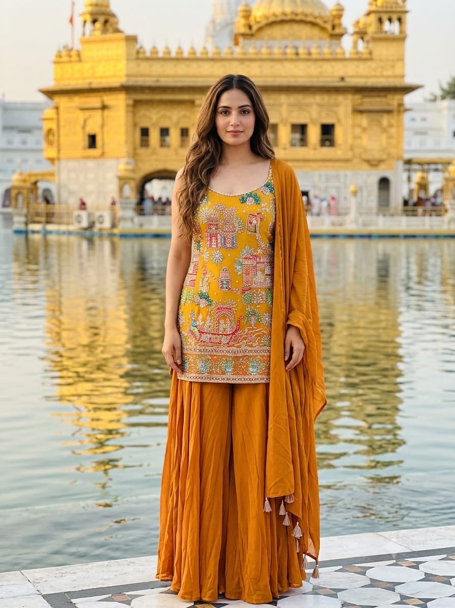 Rust Yellow & Rust Heritage Printed With Zari Work Palazzo Set.