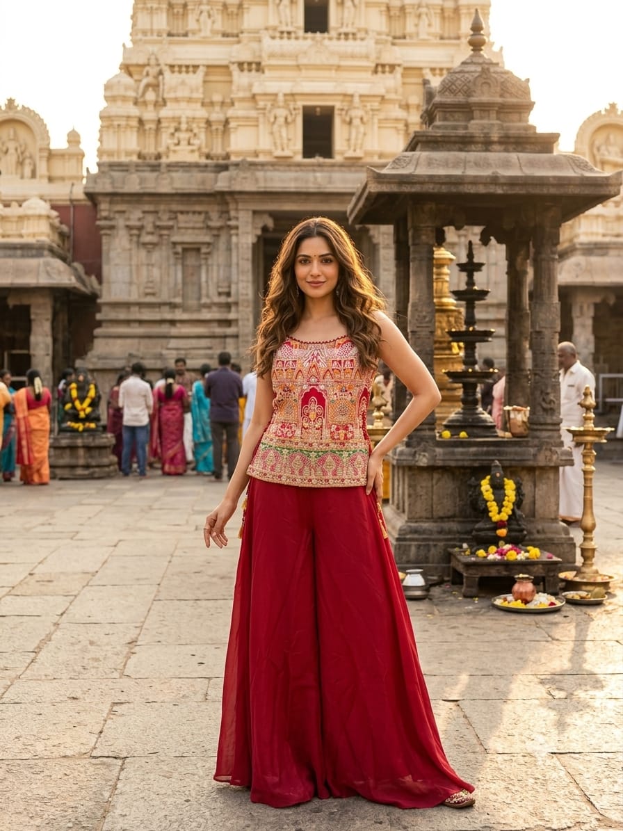 Crimson Red & Pichwai Art Embroidered Palazzo Set.