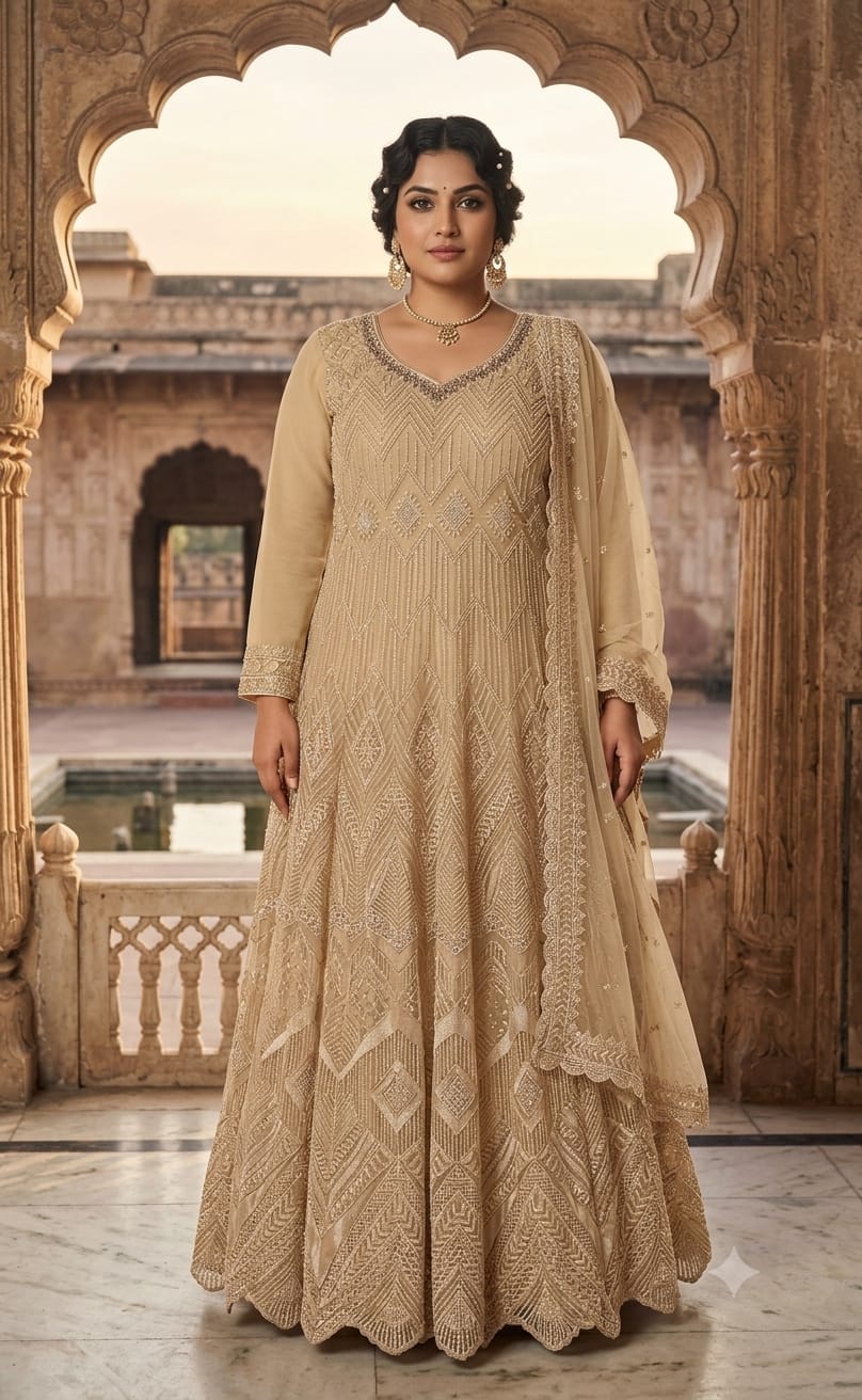 Regal Beige-Gold Sequinned Net Anarkali Gown Set.