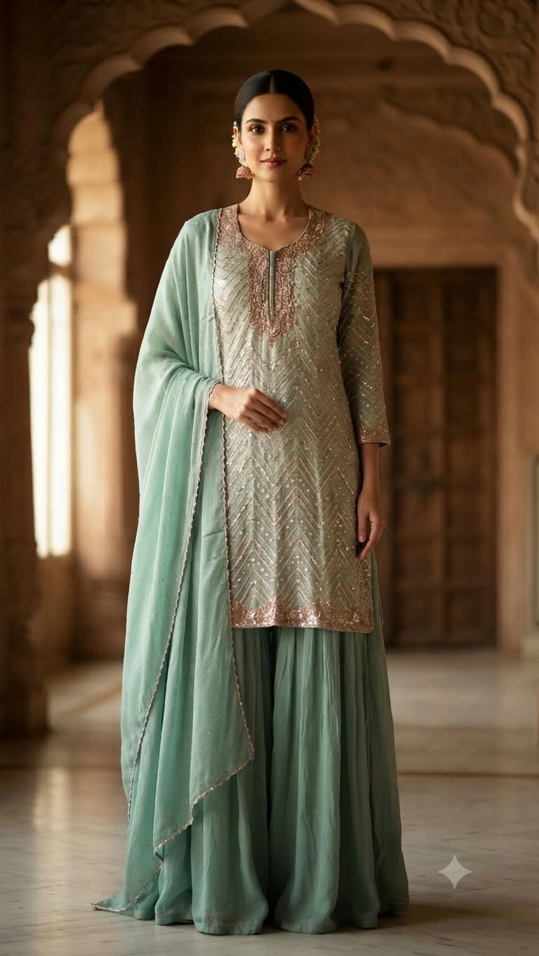 Serene Mint-Green Sequinned Georgette Palazzo Suit Set.