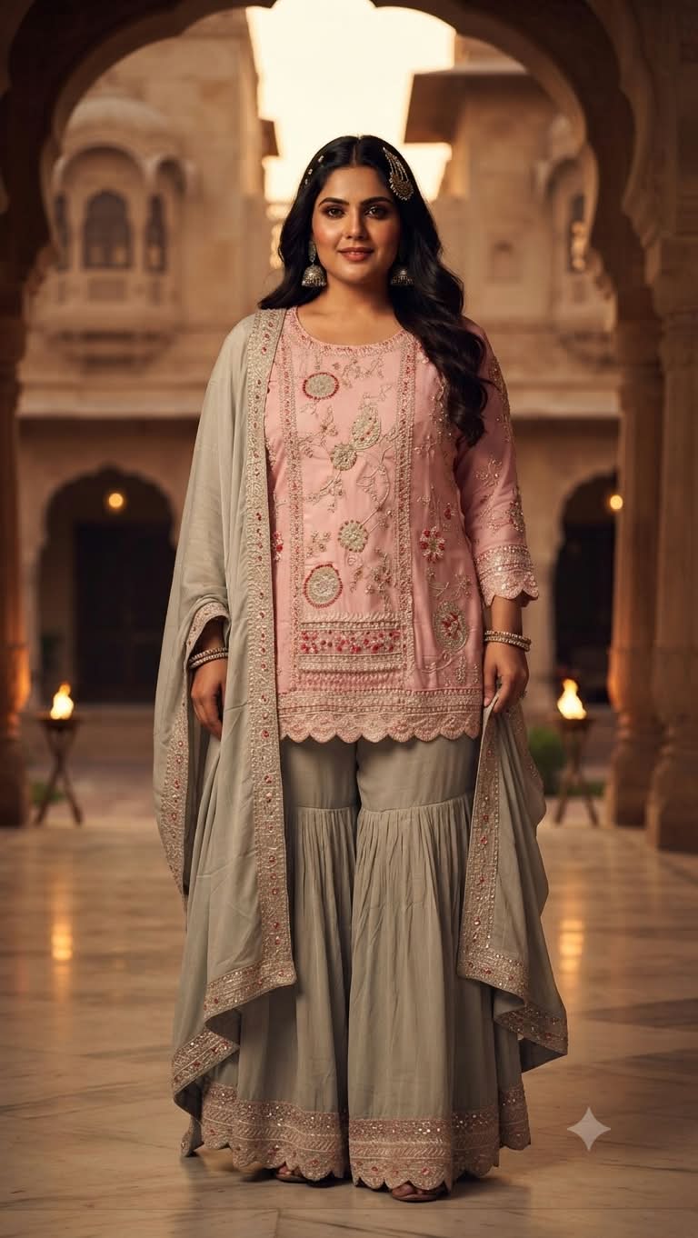 Charming Pastel Pink & Sage Green  Hand Embroidered Gharara Suit Set Plus Size