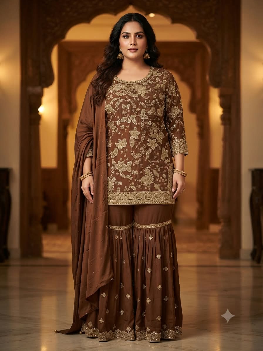 Regal Chestnut Brown  Hand Embroidered Gharara Suit Set.