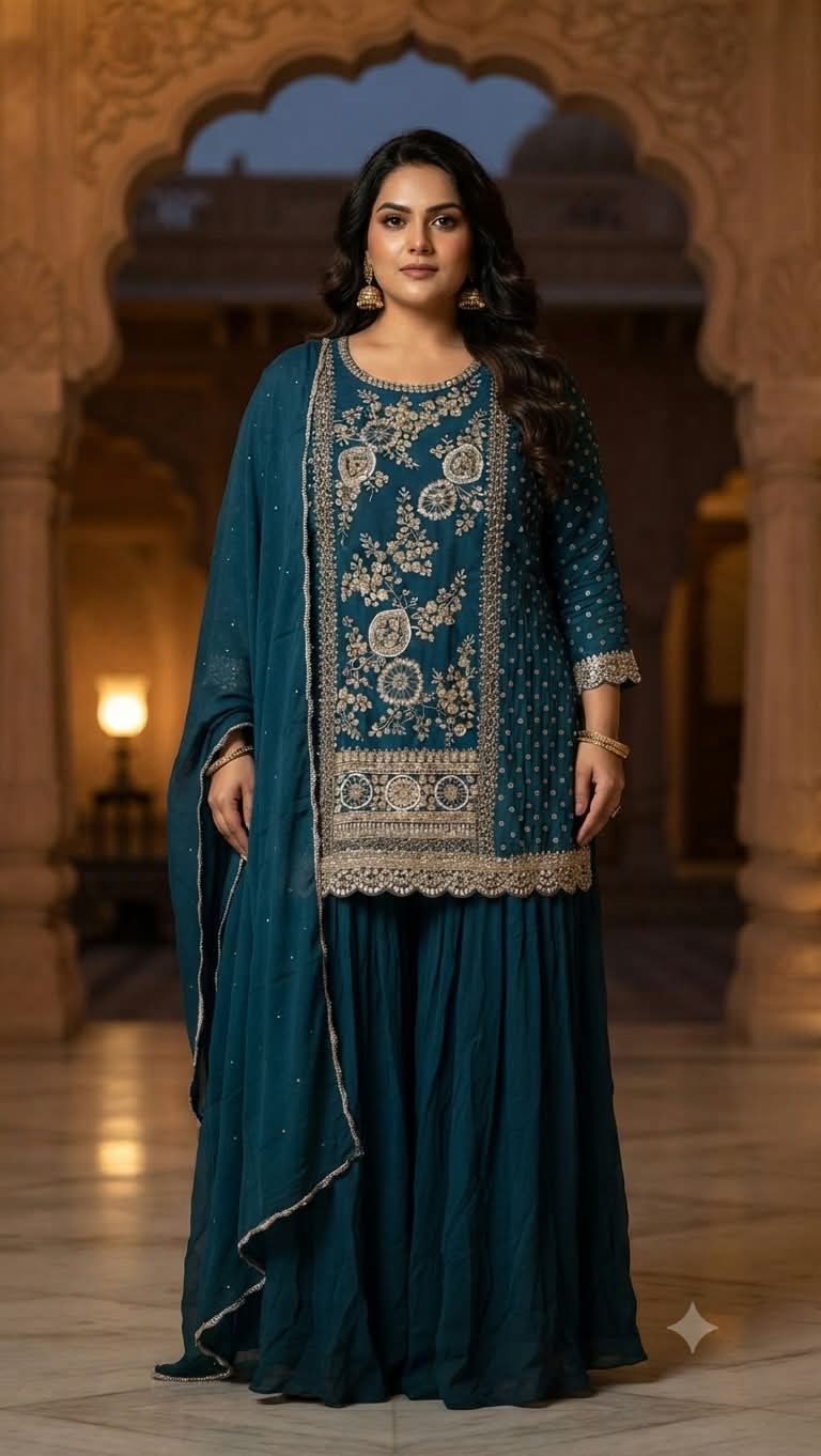 Teal Blue Hand Embroidered Gharara Suit Set.