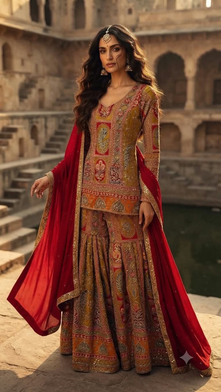 Olive & Ochre Heritage Embroidered Gharara Set.