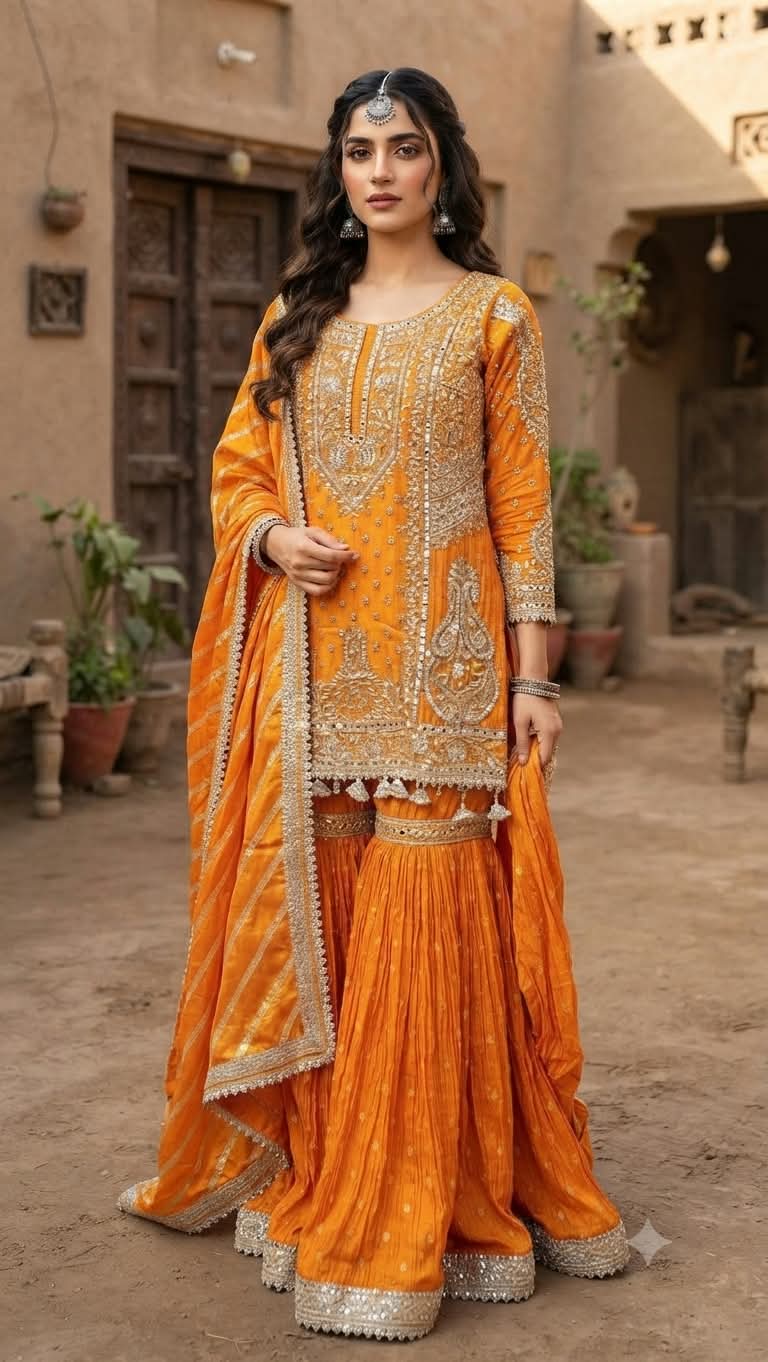 Rust Orange Gota Patti & Mirror Work Gharara Set.