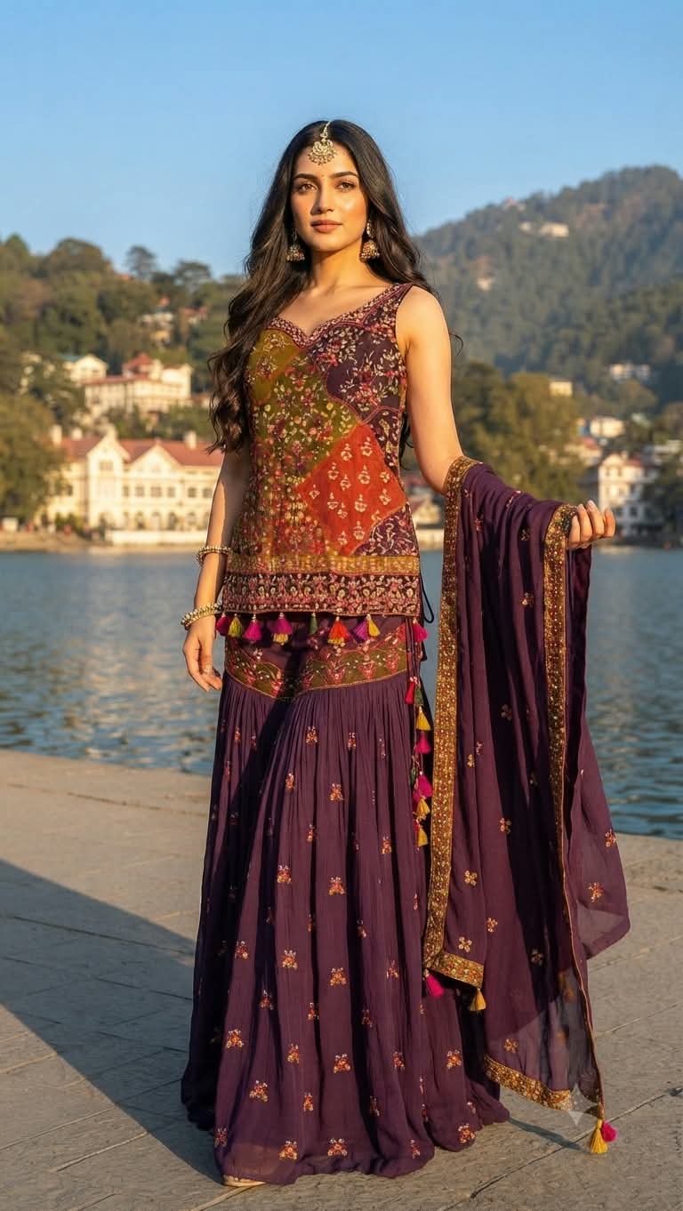 Dark wine & Patchwork Heritage Printed Gharara Set