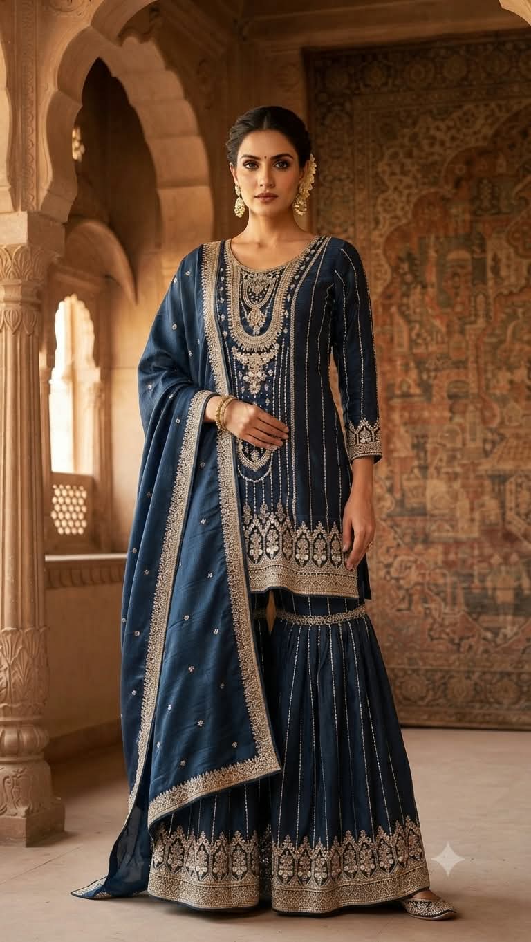 Elegant Navy Blue Embroidered Crush Organza Gharara Suit.