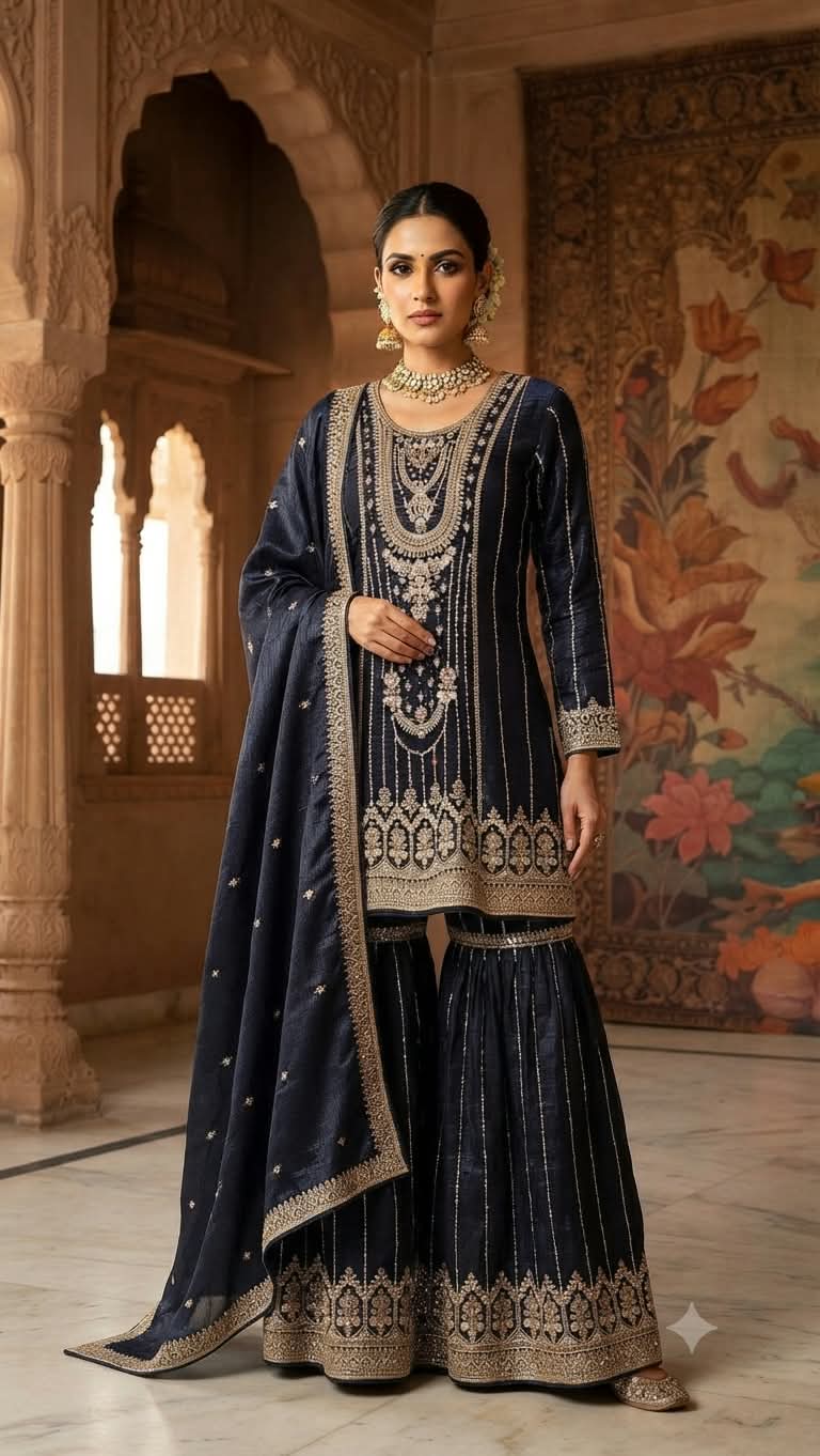 Midnight Black Zari & Sequin Heavily Embroidered Gharara Set