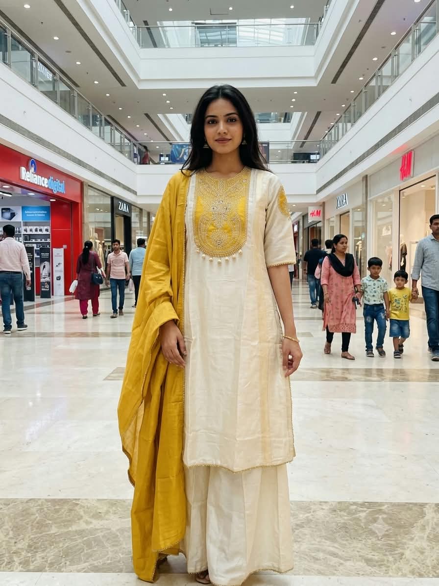 Graceful Off-White & Mustard Yellow Silk Palazzo Suit.