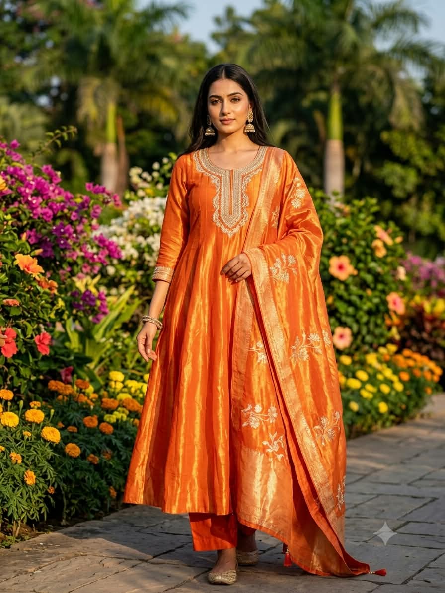 Radiant Tangerine Orange Simmer Silk Anarkali Suit Set.