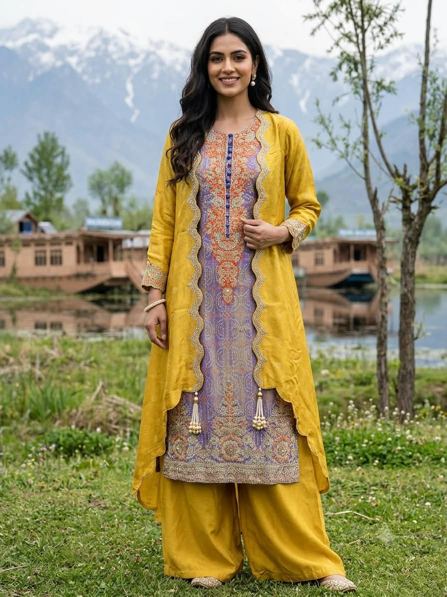 Mustard Yellow & Lavender Layered Shrug Suit Set