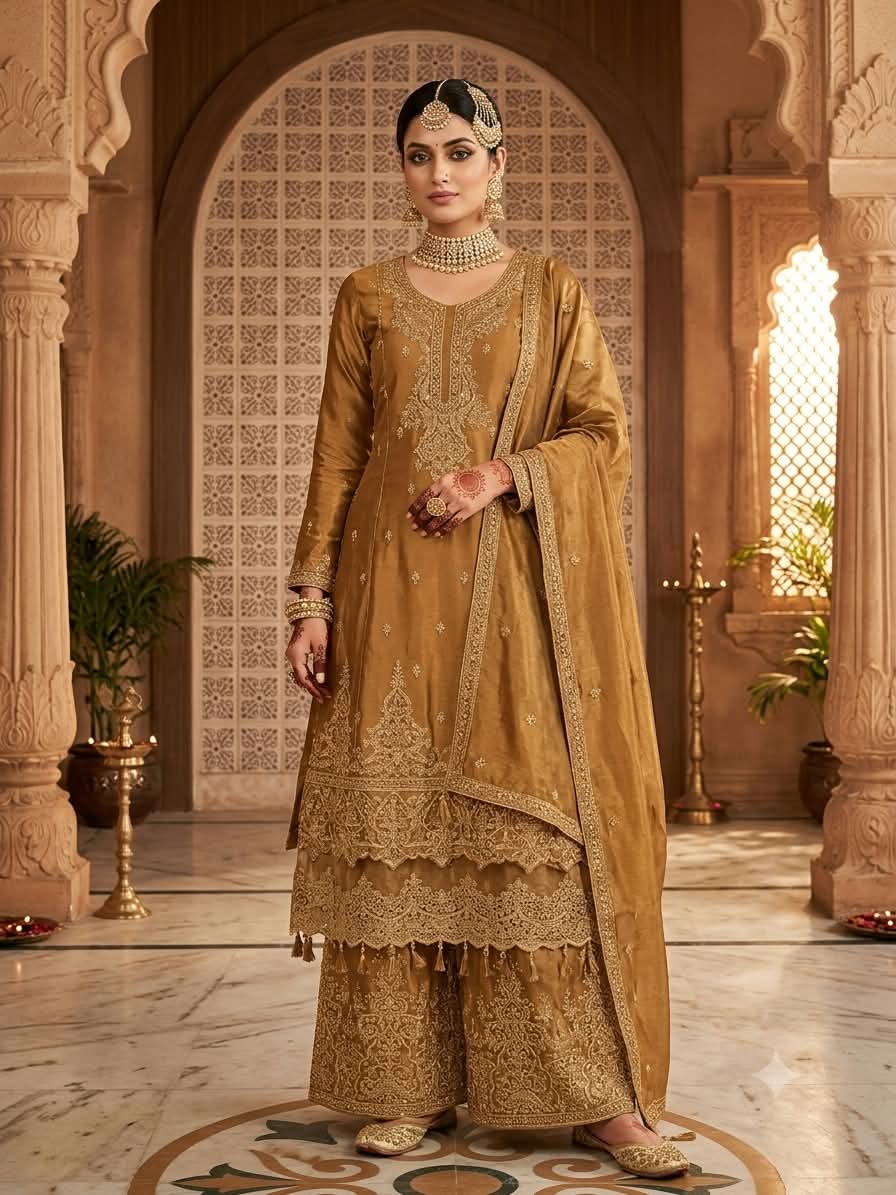 Regal Mustard Gold Embroidered Palazzo Suit.