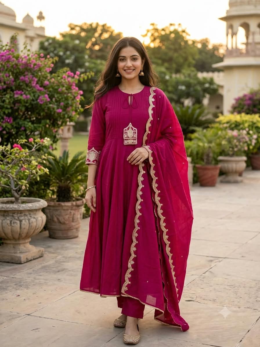 Regal Magenta Pink Mul Chanderi  Anarkali Suit Set