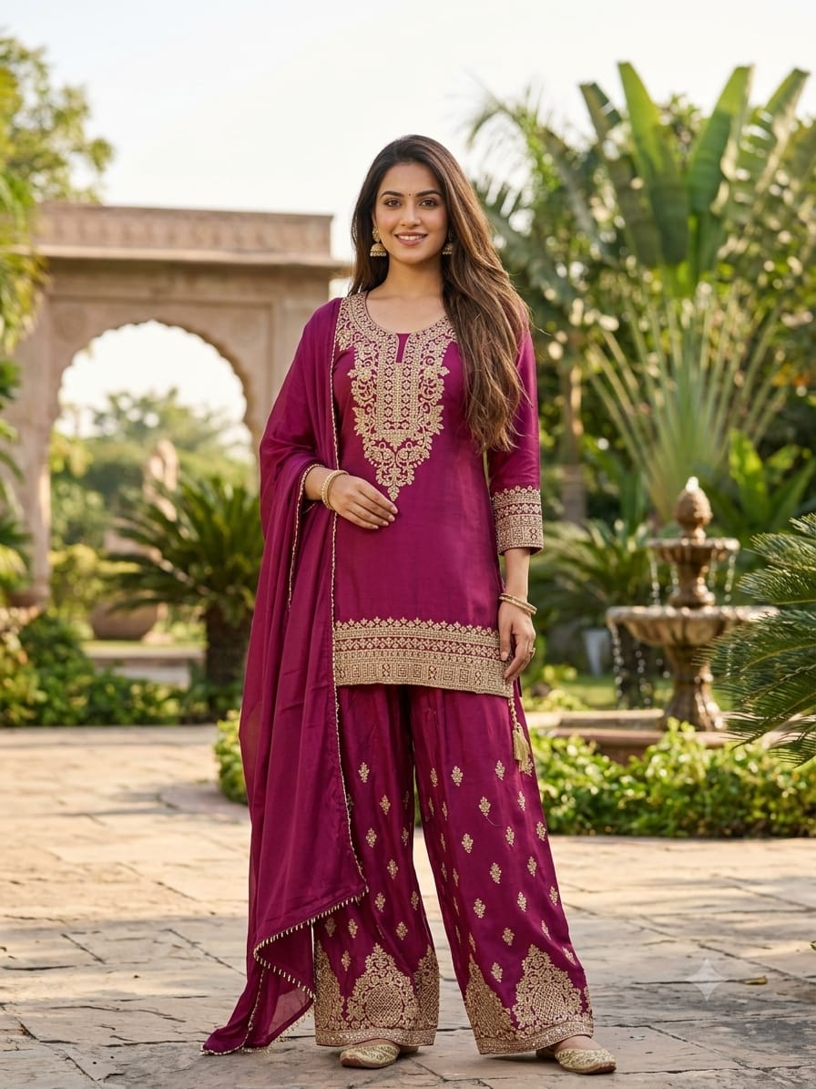Regal Wine Plum Embroidered Georgette Palazzo Suit Set.