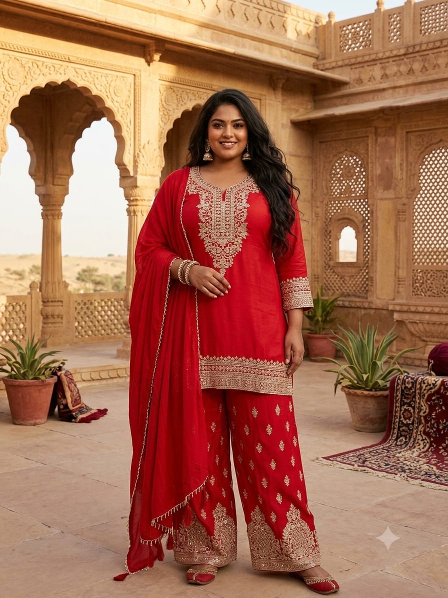 Radiant Crimson Red Embroidered Georgette Palazzo Suit Set.