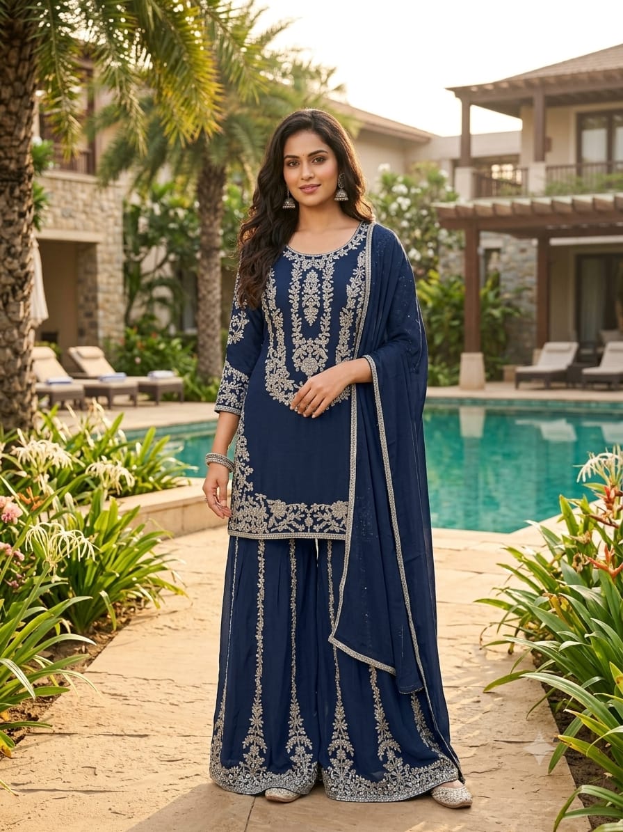 Mid Night Blue Embroidered Georgette Palazzo Suit Set.