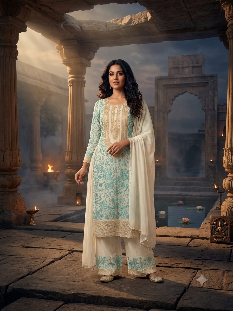 Elegant Mint Blue & Off-White Floral Palazzo Suit Set