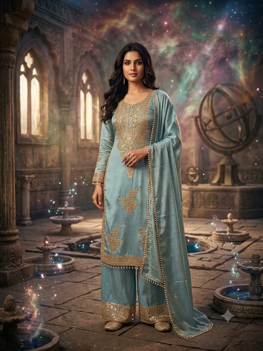 Majestic Sea Green Silk Straight Kurta & Palazzo Suit Set