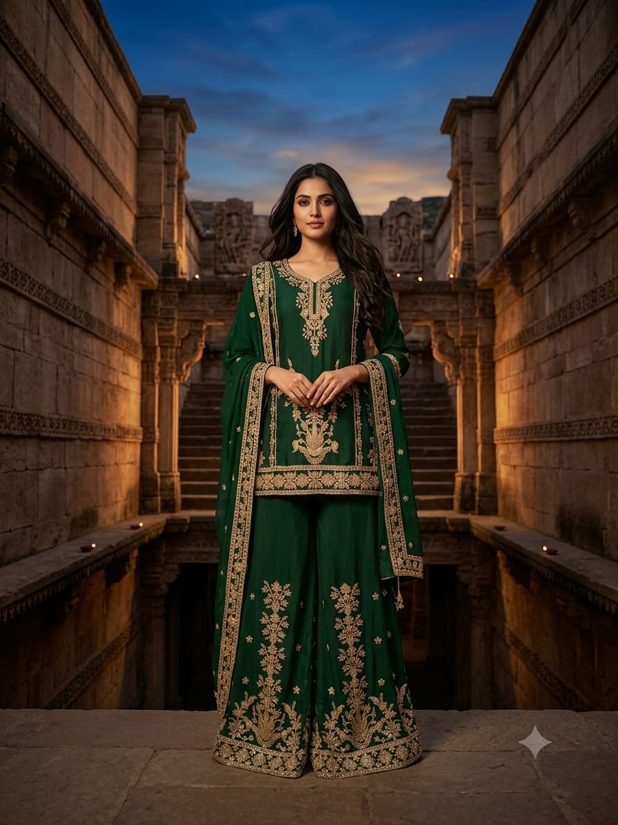 Regal Emerald Green Silk Palazzo Suit Set.