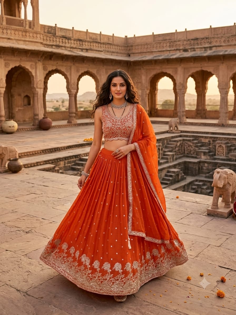 Opulent Rust Orange Embroidered Georgette Lehenga Choli Set.