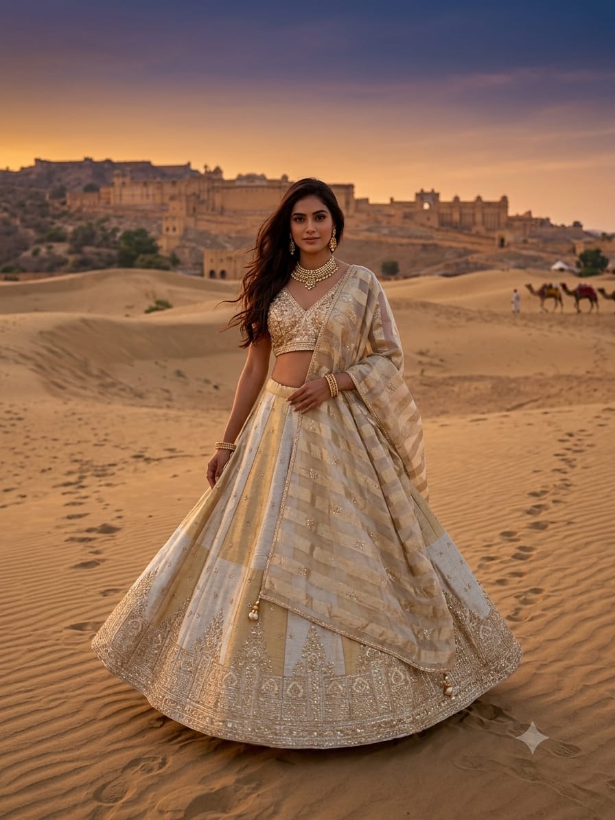 Regal Ivory & Champagne Gold Brocade Lehenga Choli Set.