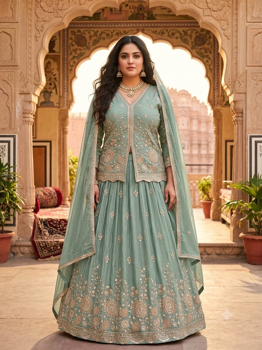 Graceful Sage Green Simmer Silk Lehenga Style Suit Set