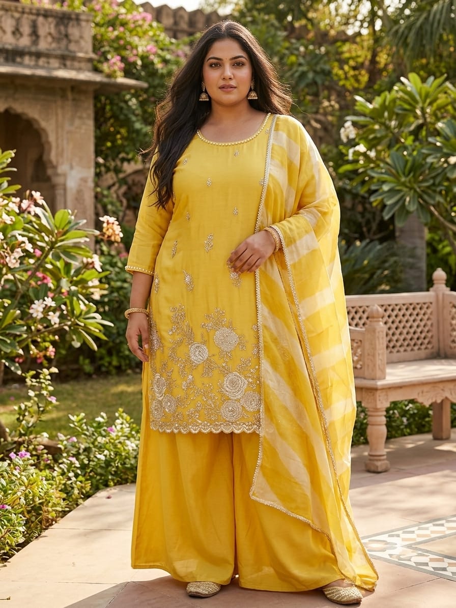 Radiant Mustard Yellow Hand Embroidered Silk Palazzo Suit Set Plus Size.