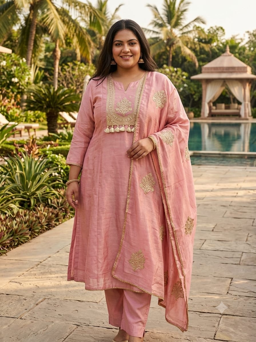 Charming Soft Pink Simmer Silk Anarkali Kurta & Pant Set Plus Size.