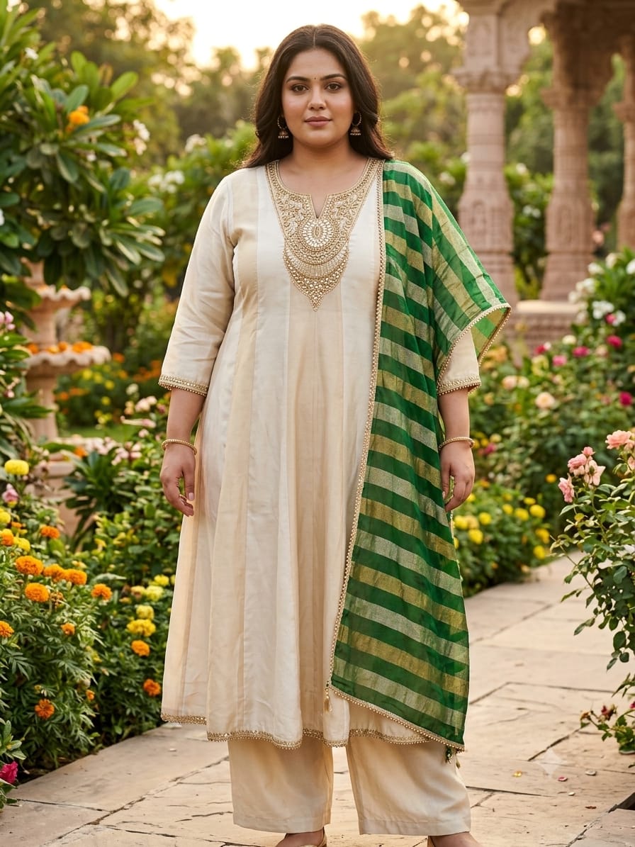 Elegant Ivory Cream & Emerald Green Striped Silk Anarkali Suit Set Plus SIZE.