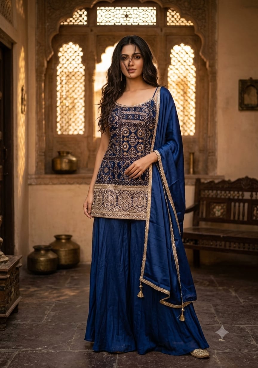 Opulent Navy Blue Bandhani Print & Embroidered Sharara Set.