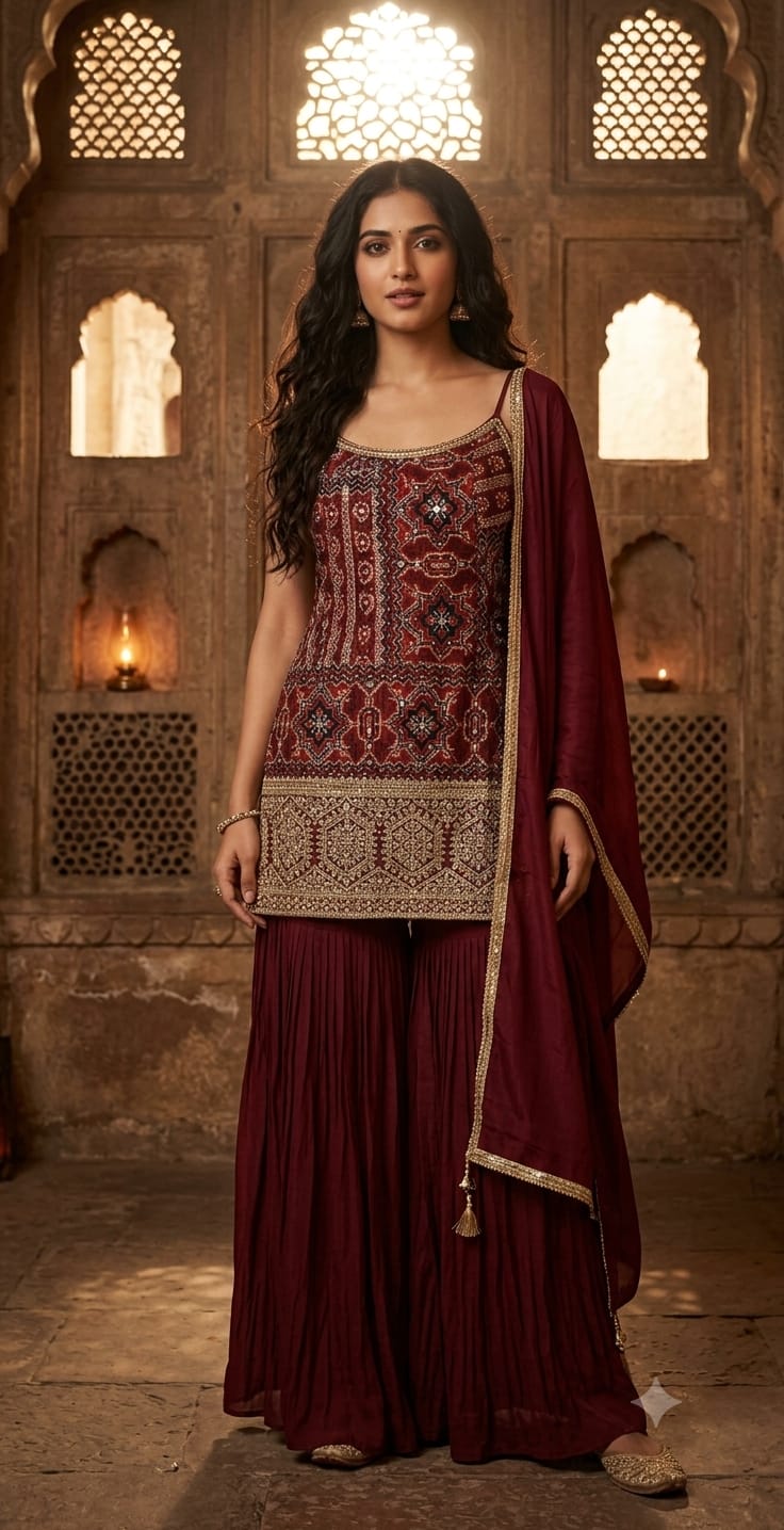 Regal Wine Maroon Bandhani Print & Embroidered Palazzo Set