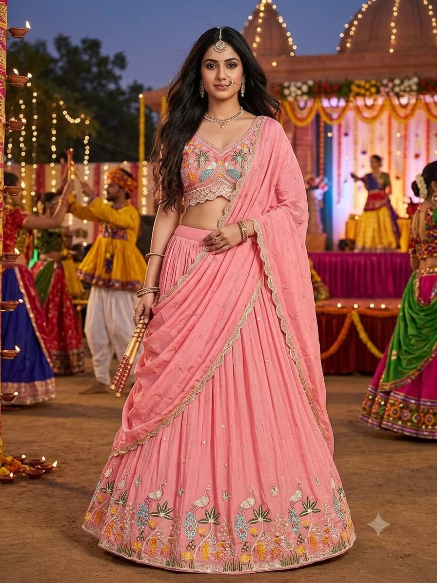 Pastel Pink Embroidered Silk Lehenga Choli Set.
