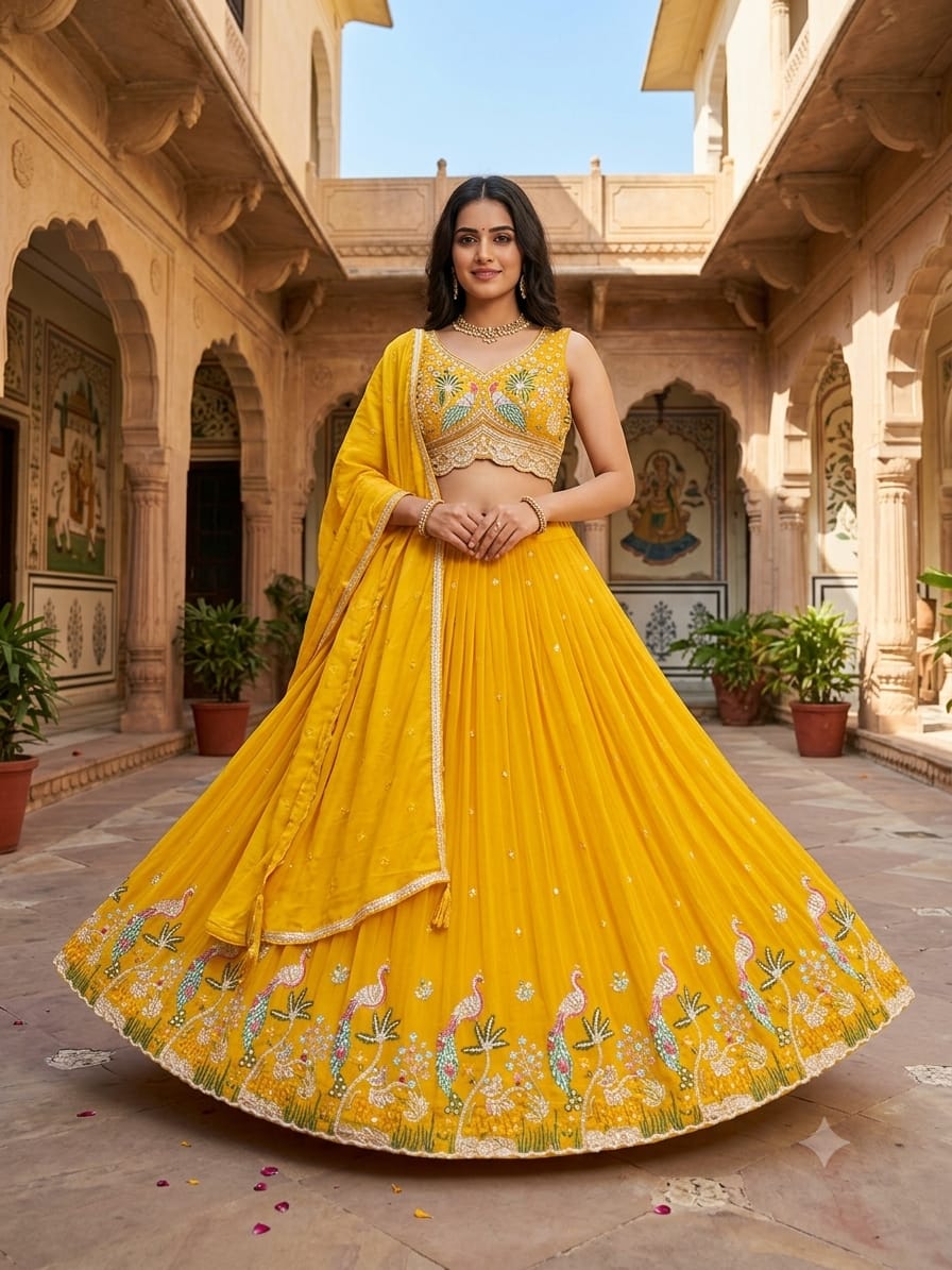 Mayuri Mustard Yellow Embroidered Silk Lehenga Choli Set.