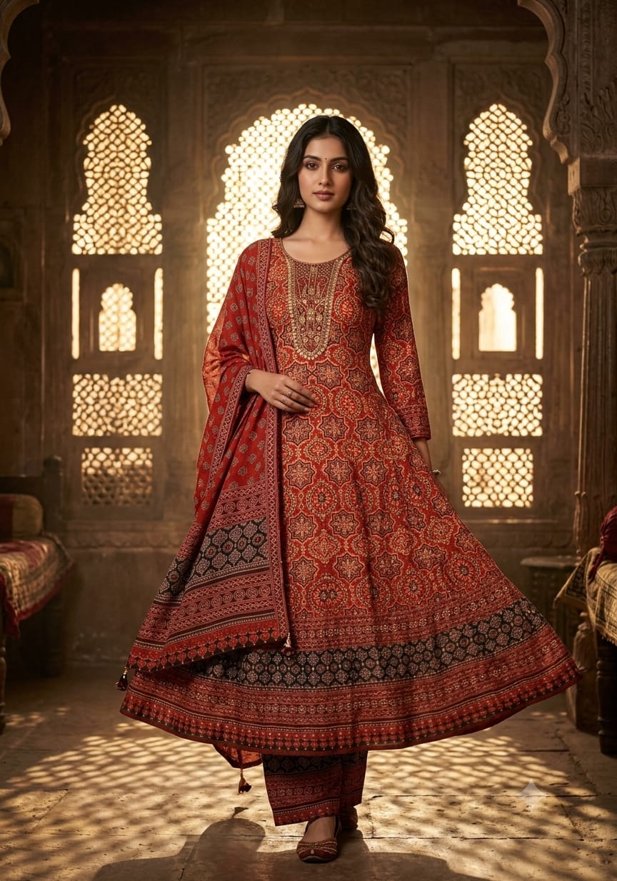 Aarunya Rust Red Ajrakh Print Anarkali Suit Set.